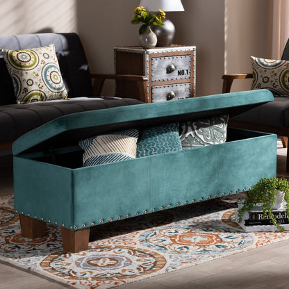 Baxton Studio - Hannah Storage Ottoman in Teal Blue/Brown - BBT3136-Teal Velvet/Walnut-Otto view 9