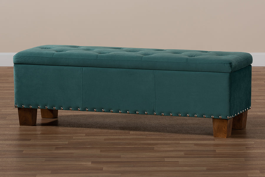 Baxton Studio - Hannah Storage Ottoman in Teal Blue/Brown - BBT3136-Teal Velvet/Walnut-Otto view 10