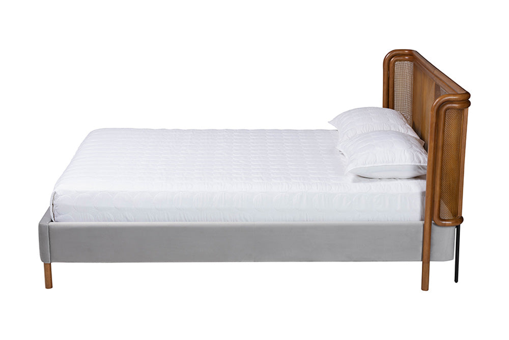 Baxton Studio - Harrell Queen Size Bed - BBT61161-Light Grey/Walnut-Queen view 2