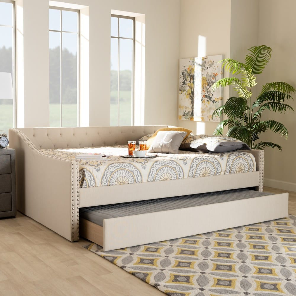 Baxton Studio - Haylie Queen Size Daybed with Trundle in Beige - CF9046-Beige-Daybed-Q/T view 9