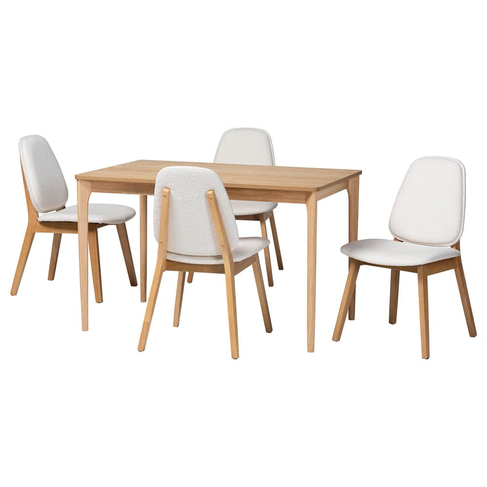 Baxton Studio - Hudson Dining Set in White/Natural Brown - Hudson-White Boucle/Natural-5PC Dining Set view 1
