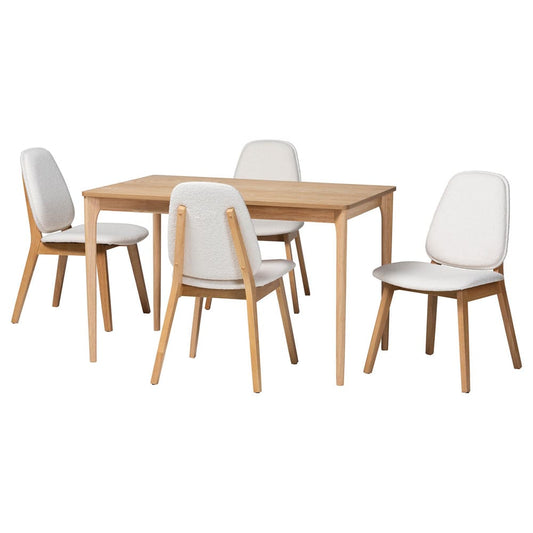 Baxton Studio - Hudson Dining Set in White/Natural Brown - Hudson-White Boucle/Natural-5PC Dining Set view 1
