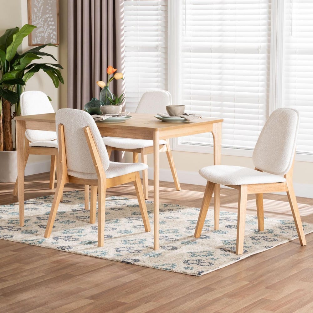Baxton Studio - Hudson Dining Set in White/Natural Brown - Hudson-White Boucle/Natural-5PC Dining Set view 8