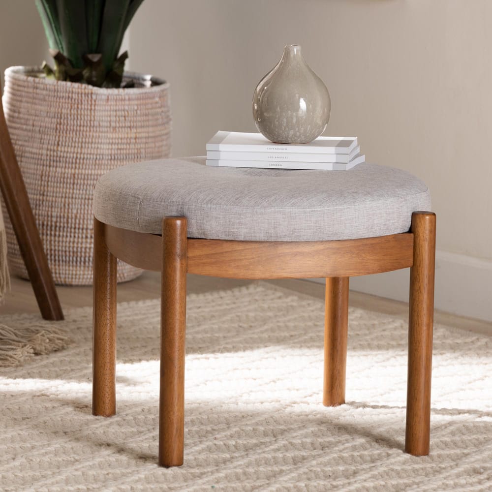 Baxton Studio - Iliana Footstool in Greyish Beige/Walnut Brown - BBT5454-Greyish Beige/Walnut-Stool view 6