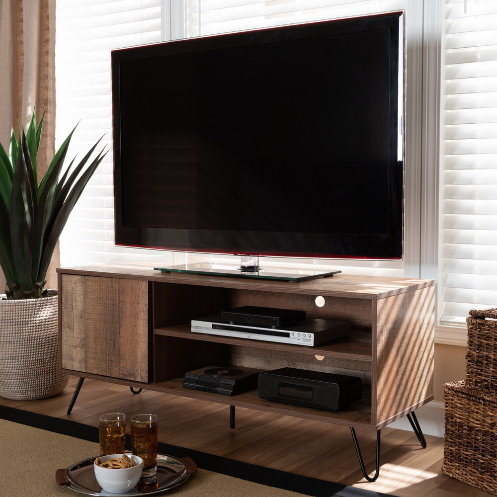 Baxton Studio - Iver TV Stand in Rustic Oak/Black - TV8005-Vintage Oak-TV view 6