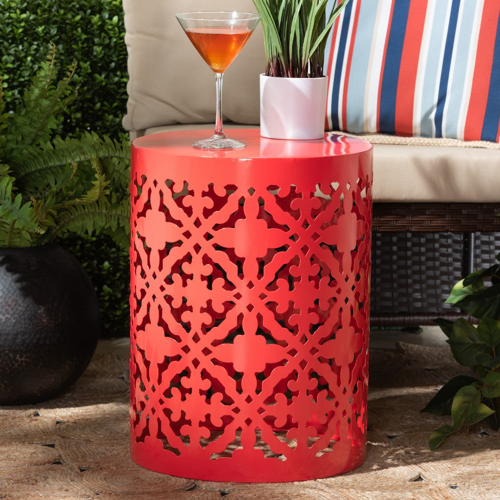 Baxton Studio - Jamila Outdoor End Table in Red - H01-104258 Red Metal Side Table view 4