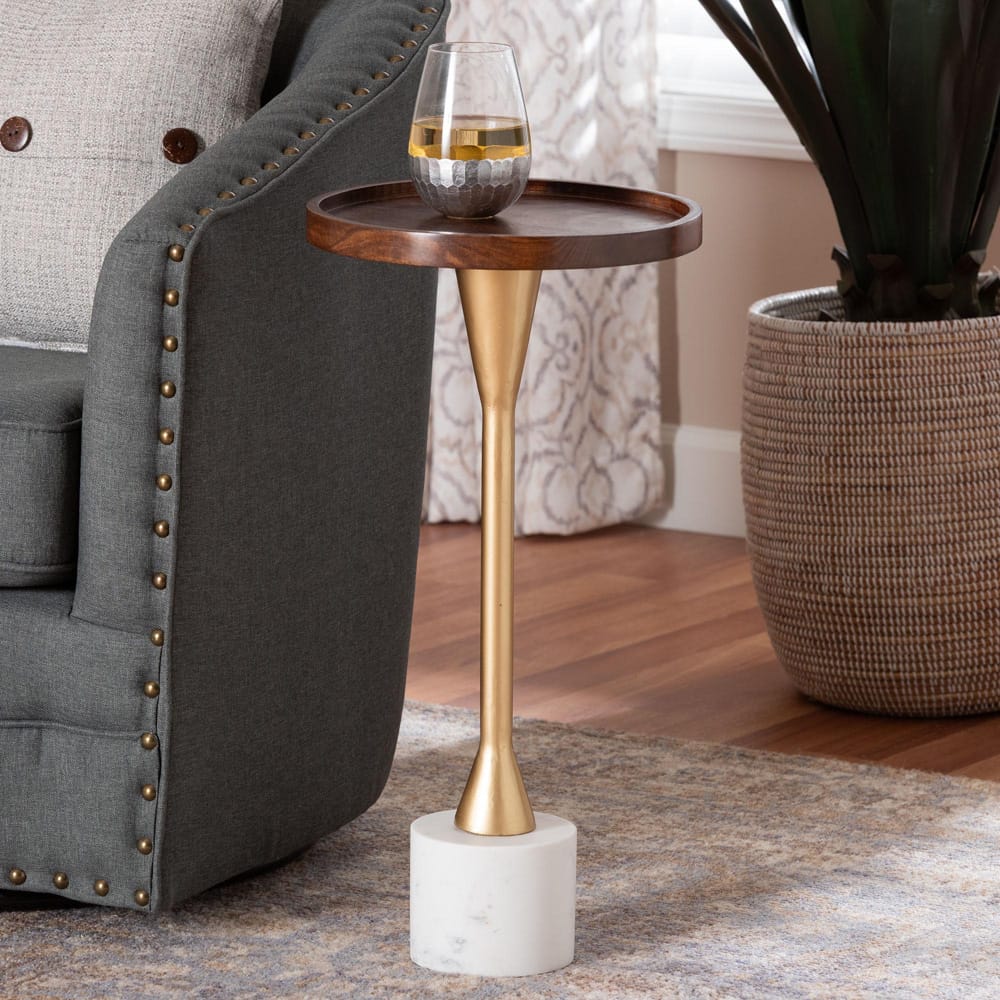 Baxton Studio - Janaki End Table in Marble White/Gold/Walnut Brown - FUR6892-Wood Tray-ET view 5