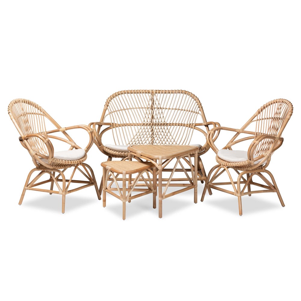 Baxton Studio - Jayden Living Room Set in White/Natural Brown - Jayden-Rattan-5PC Living Room Set view 1