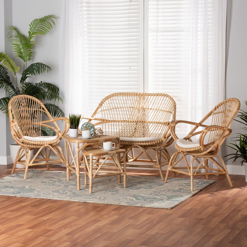 Baxton Studio - Jayden Living Room Set in White/Natural Brown - Jayden-Rattan-5PC Living Room Set view 9