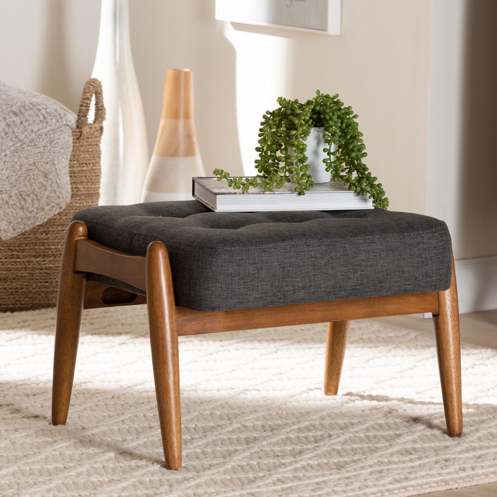 Baxton Studio - Jeanine Footstool in Dark Grey/Walnut Brown - BBT5455-Dark Grey/Walnut-Stool view 6