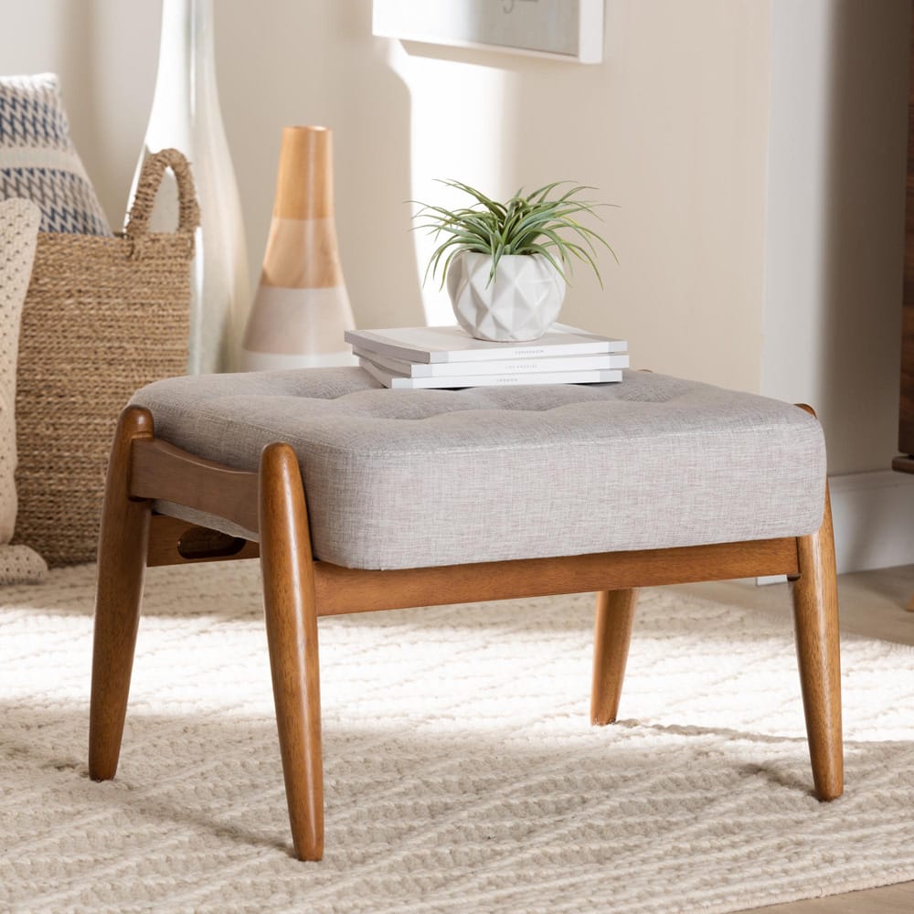 Baxton Studio - Jeanine Footstool in Greyish Beige/Walnut Brown - BBT5455-Greyish Beige/Walnut-Stool view 6