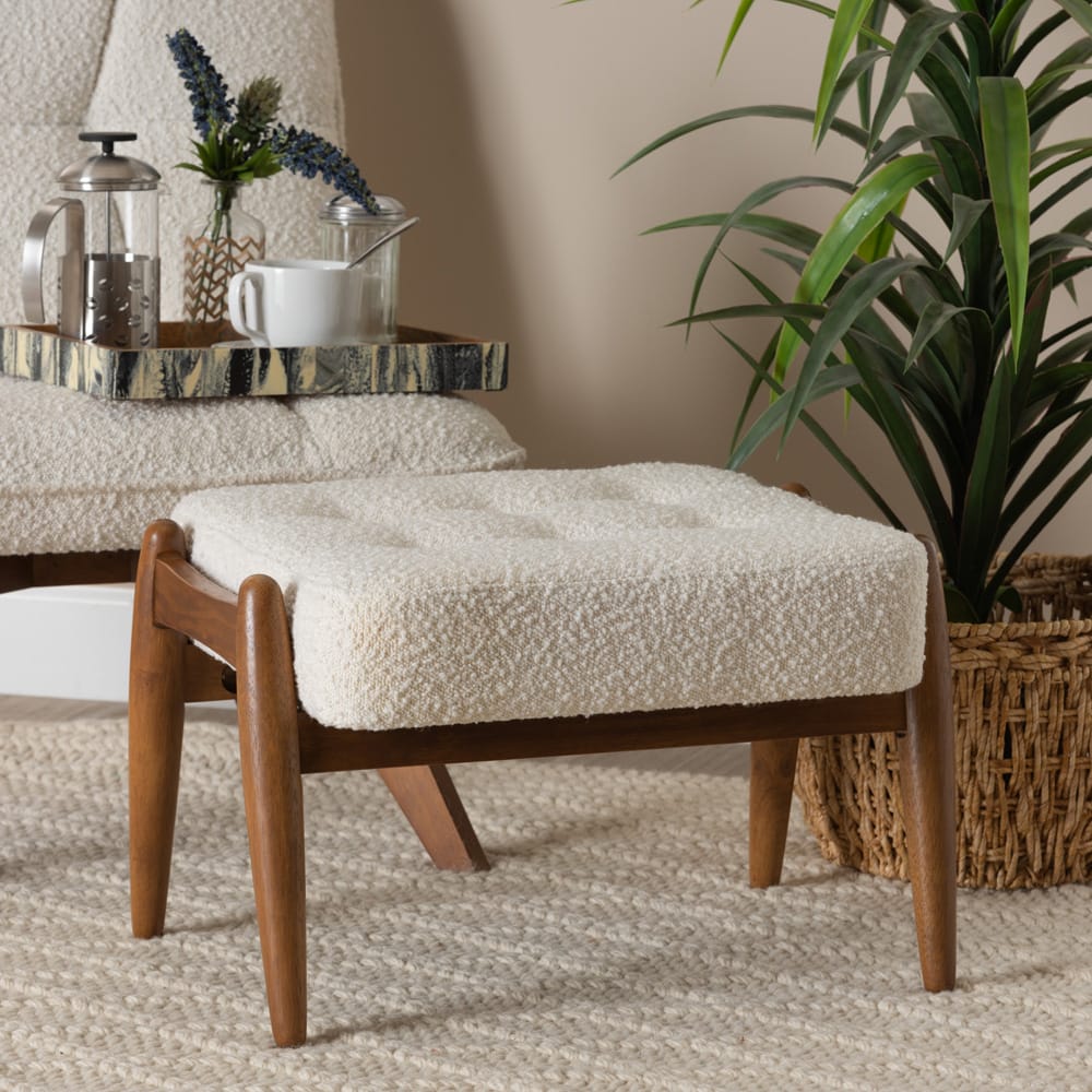 Baxton Studio - Jeanine Footstool in White/Walnut Brown - BBT5455-Maya-Cream/Walnut-Stool view 6