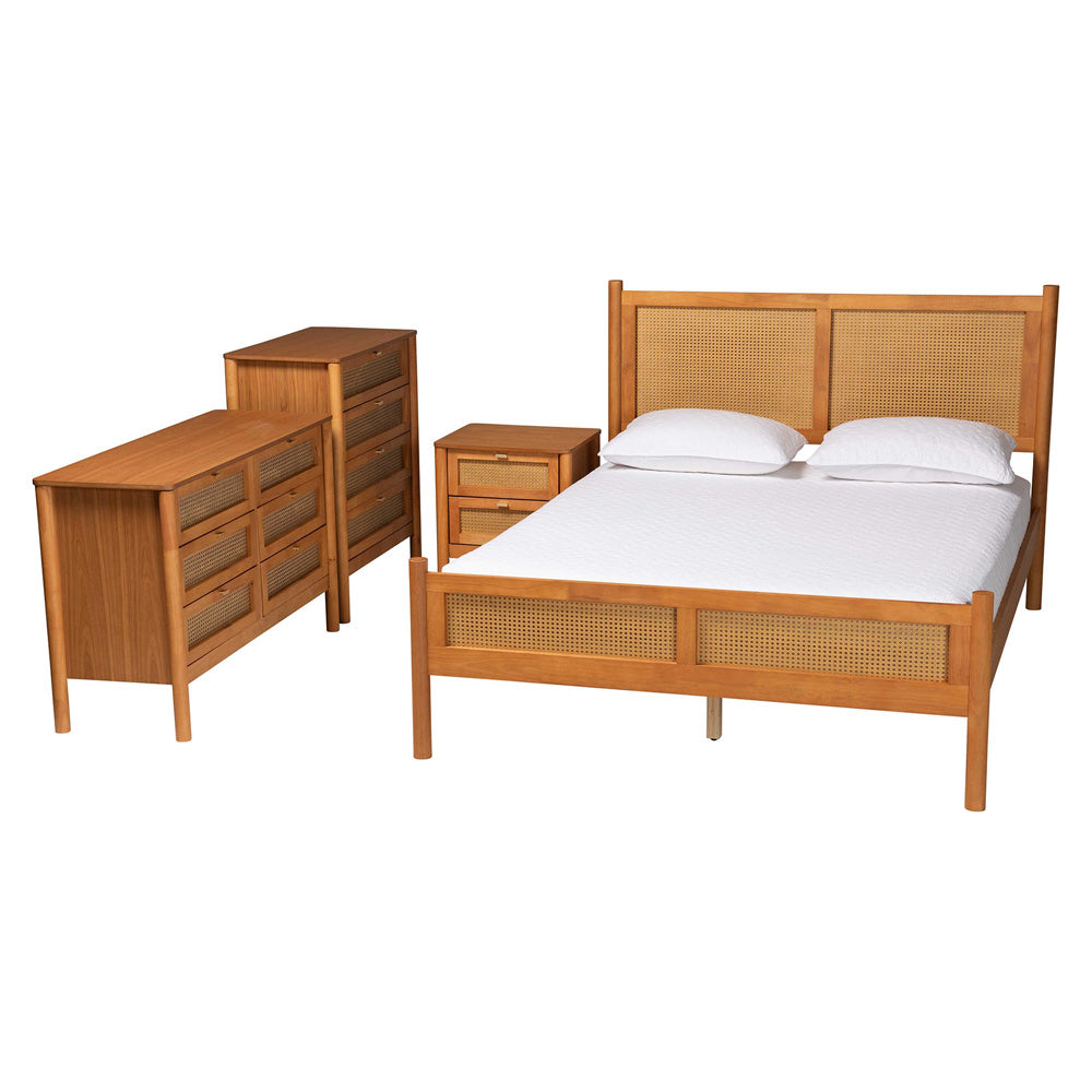 Baxton Studio - Jenn Queen Bedroom Set in Golden Brown/Distressed Rattan - Jenn-Distressed/NT Oak-Queen 4PC Bedroom Set view 1