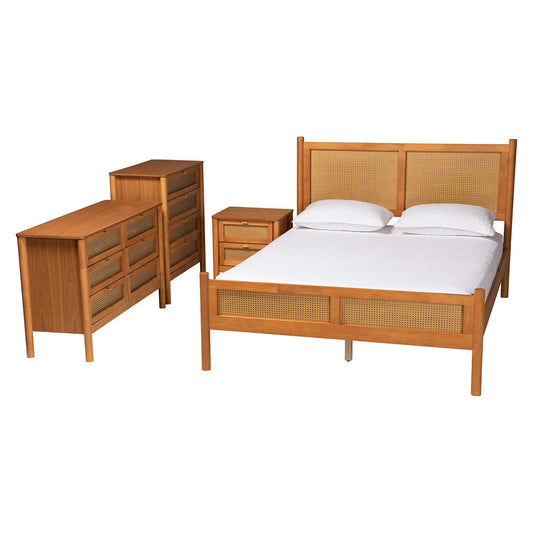 Baxton Studio - Jenn Queen Bedroom Set in Golden Brown/Distressed Rattan - Jenn-Distressed/NT Oak-Queen 4PC Bedroom Set view 1