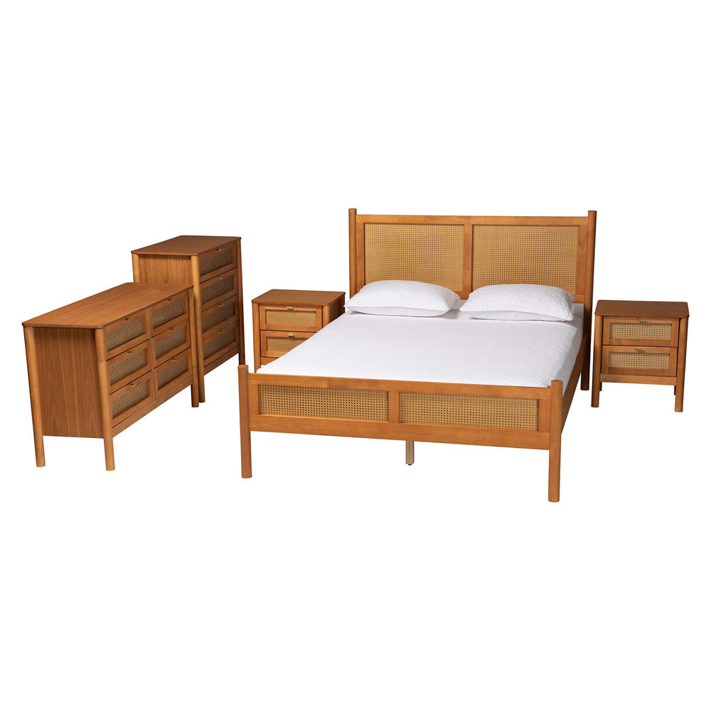 Baxton Studio - Jenn Queen Bedroom Set in Golden Brown/Distressed Rattan - Jenn-Distressed/NT Oak-Queen 5PC Bedroom Set view 1