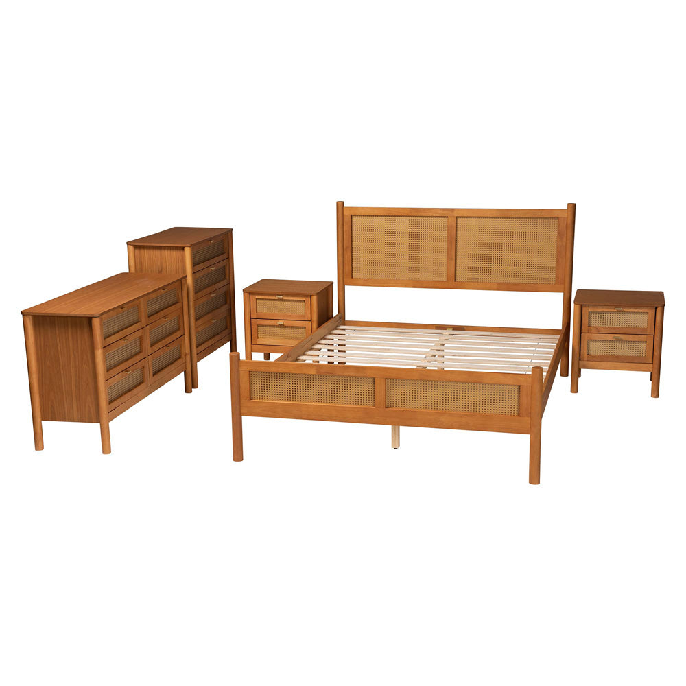 Baxton Studio - Jenn Queen Bedroom Set in Golden Brown/Distressed Rattan - Jenn-Distressed/NT Oak-Queen 5PC Bedroom Set view 2