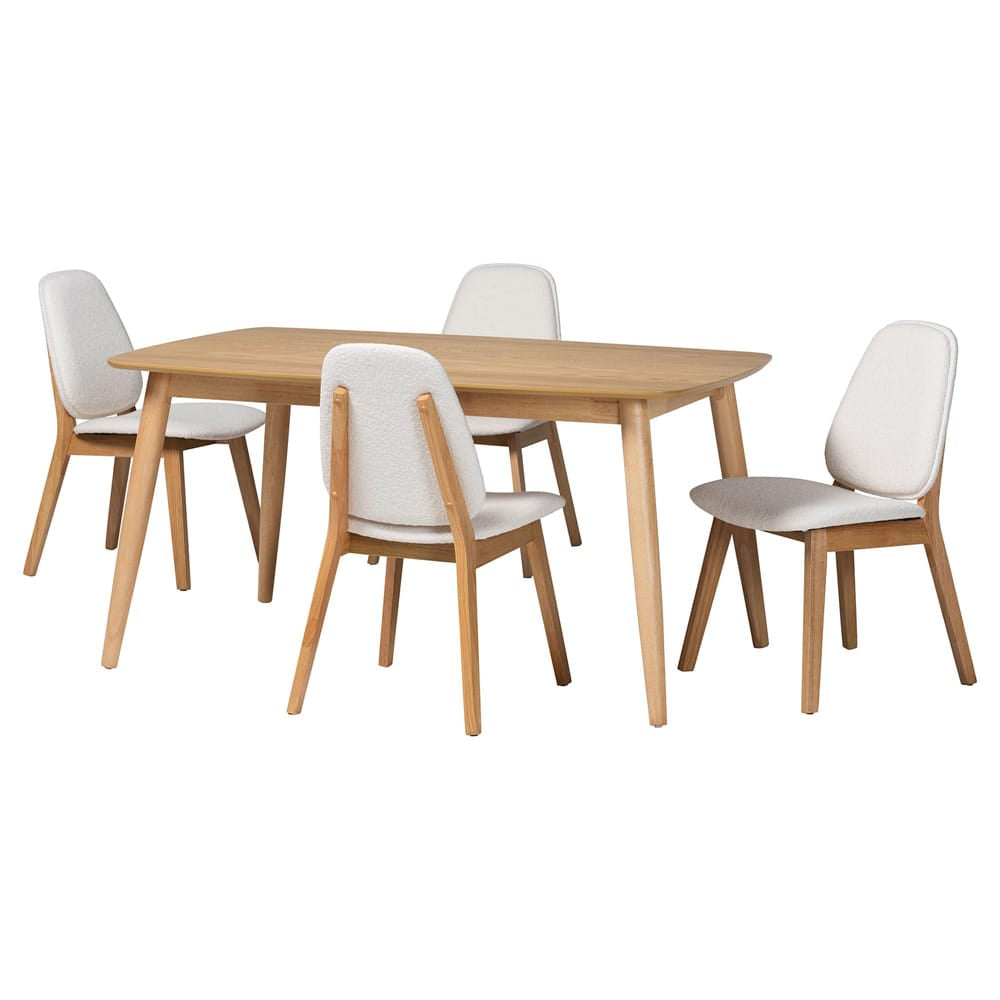 Baxton Studio - Jennica Dining Set in White/Natural Brown - Jennica-White Boucle/Natural-5PC Dining Set view 1