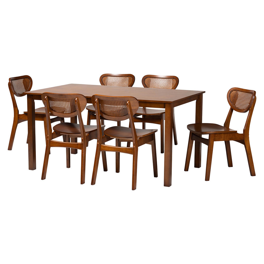 Baxton Studio - Jeriah Dining Set in Walnut Brown/Brown - RH253C-Walnut Rattan-Rectangle-7PC Dining Set view 1