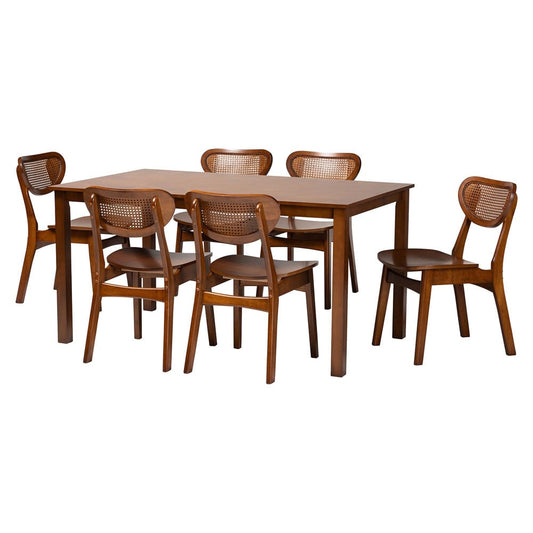 Baxton Studio - Jeriah Dining Set in Walnut Brown/Brown - RH253C-Walnut Rattan-Rectangle-7PC Dining Set view 1