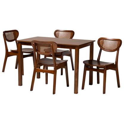 Baxton Studio - Jeriah Dining Set in Walnut Brown/Light Brown - RH253C-Walnut Rattan-Rectangle-5PC Dining Set view 1