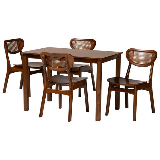 Baxton Studio - Jeriah Dining Set in Walnut Brown/Light Brown - RH253C-Walnut Rattan-Rectangle-5PC Dining Set view 1