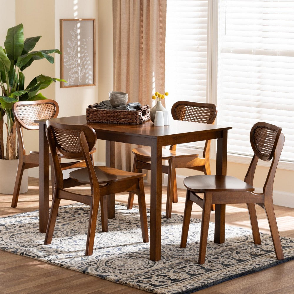 Baxton Studio - Jeriah Dining Set in Walnut Brown/Light Brown - RH253C-Walnut Rattan-Rectangle-5PC Dining Set view 8