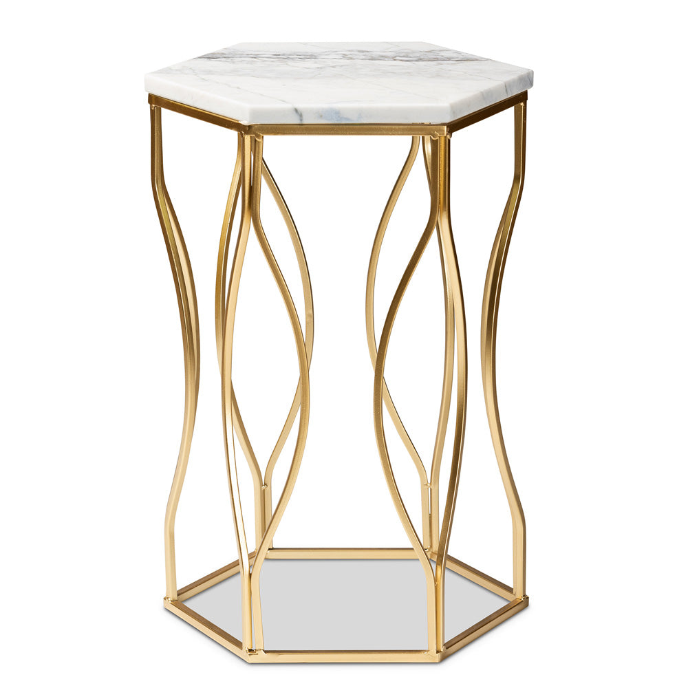 Baxton Studio - Kalena End Table in White/Gold - H01-97049-Metal/Marble Side Table view 2