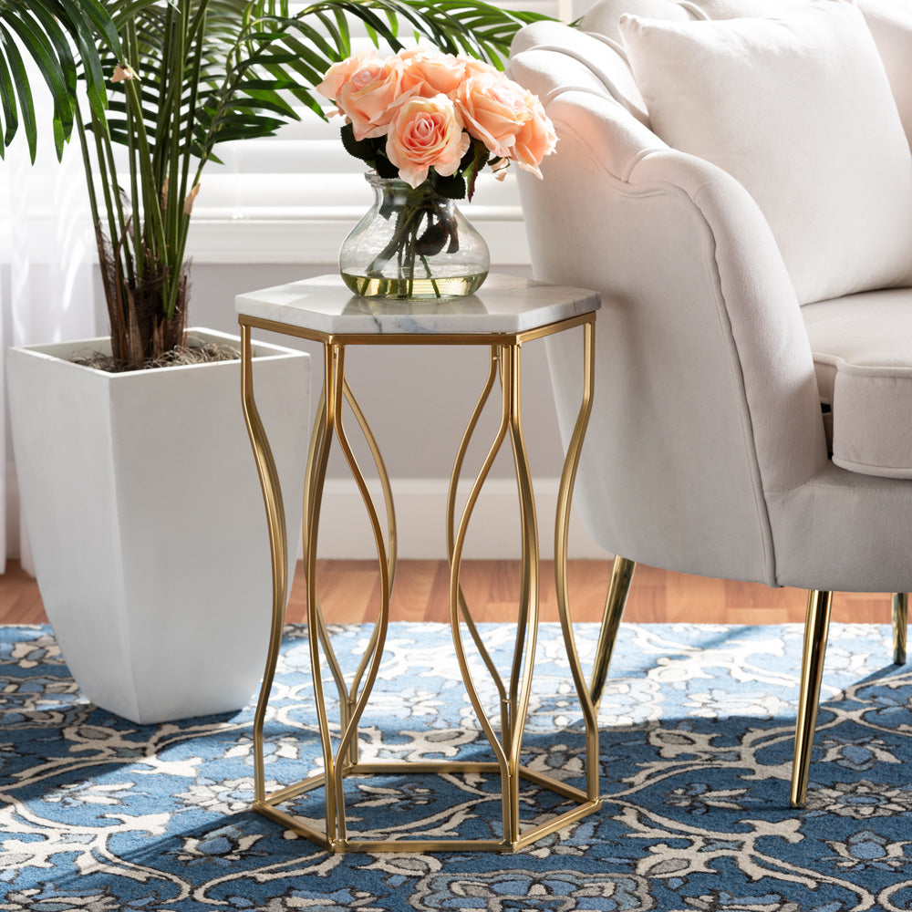 Baxton Studio - Kalena End Table in White/Gold - H01-97049-Metal/Marble Side Table view 6