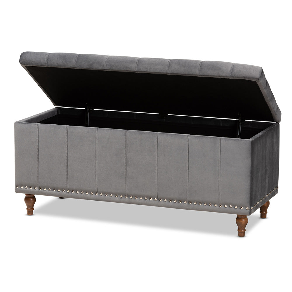 Baxton Studio - Kaylee Storage Ottoman in Grey/Brown - BBT3137-Grey Velvet/Walnut-Otto view 2