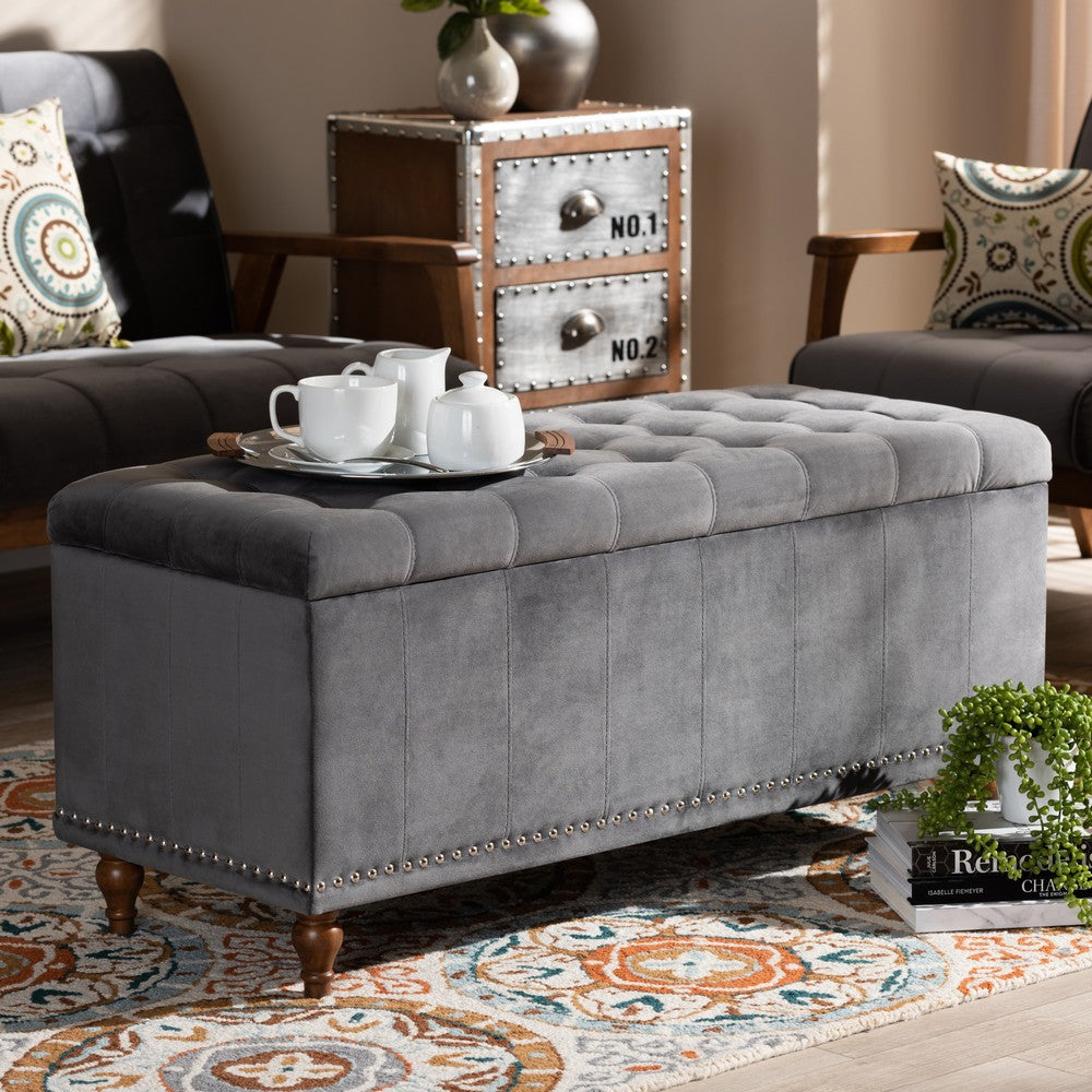 Baxton Studio - Kaylee Storage Ottoman in Grey/Brown - BBT3137-Grey Velvet/Walnut-Otto view 8