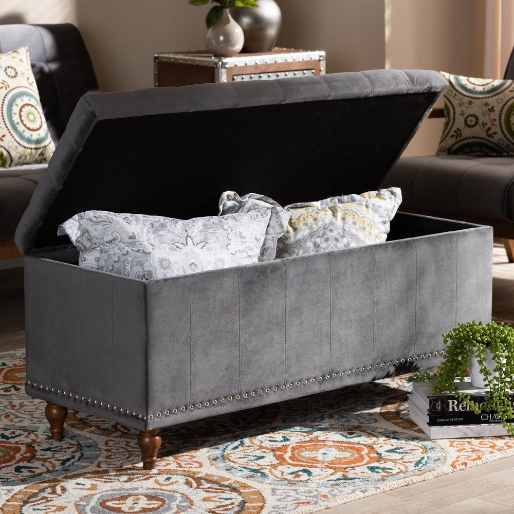 Baxton Studio - Kaylee Storage Ottoman in Grey/Brown - BBT3137-Grey Velvet/Walnut-Otto view 9