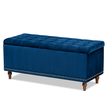 Baxton Studio - Kaylee Storage Ottoman in Navy Blue/Brown - BBT3137-Navy Velvet/Walnut-Otto view 1