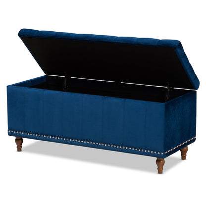 Baxton Studio - Kaylee Storage Ottoman in Navy Blue/Brown - BBT3137-Navy Velvet/Walnut-Otto view 2