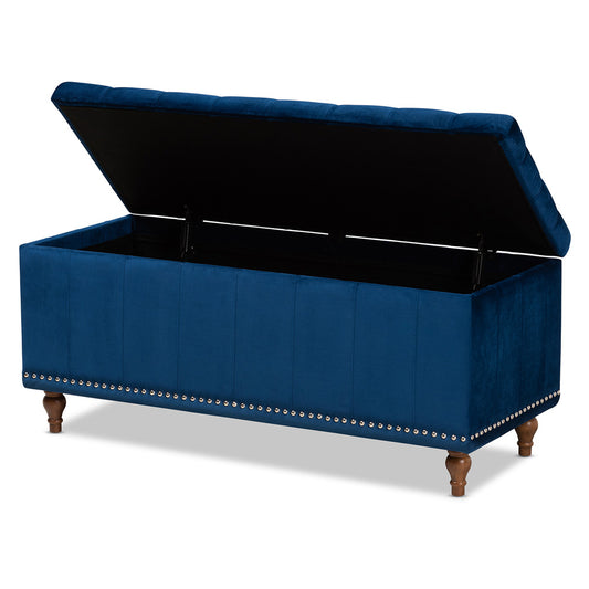 Baxton Studio - Kaylee Storage Ottoman in Navy Blue/Brown - BBT3137-Navy Velvet/Walnut-Otto view 2