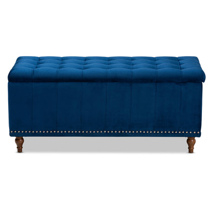 Baxton Studio - Kaylee Storage Ottoman in Navy Blue/Brown - BBT3137-Navy Velvet/Walnut-Otto view 3
