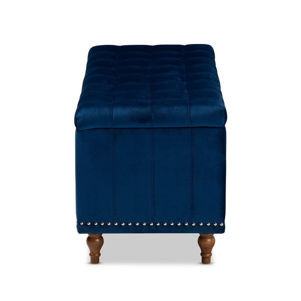 Baxton Studio - Kaylee Storage Ottoman in Navy Blue/Brown - BBT3137-Navy Velvet/Walnut-Otto view 4