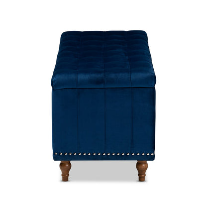 Baxton Studio - Kaylee Storage Ottoman in Navy Blue/Brown - BBT3137-Navy Velvet/Walnut-Otto view 4