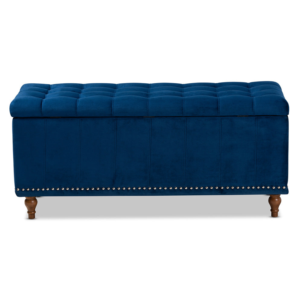Baxton Studio - Kaylee Storage Ottoman in Navy Blue/Brown - BBT3137-Navy Velvet/Walnut-Otto view 5