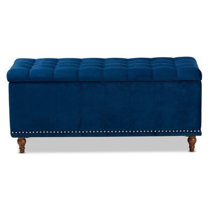 Baxton Studio - Kaylee Storage Ottoman in Navy Blue/Brown - BBT3137-Navy Velvet/Walnut-Otto view 5