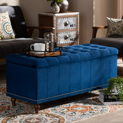 Baxton Studio - Kaylee Storage Ottoman in Navy Blue/Brown - BBT3137-Navy Velvet/Walnut-Otto view 8