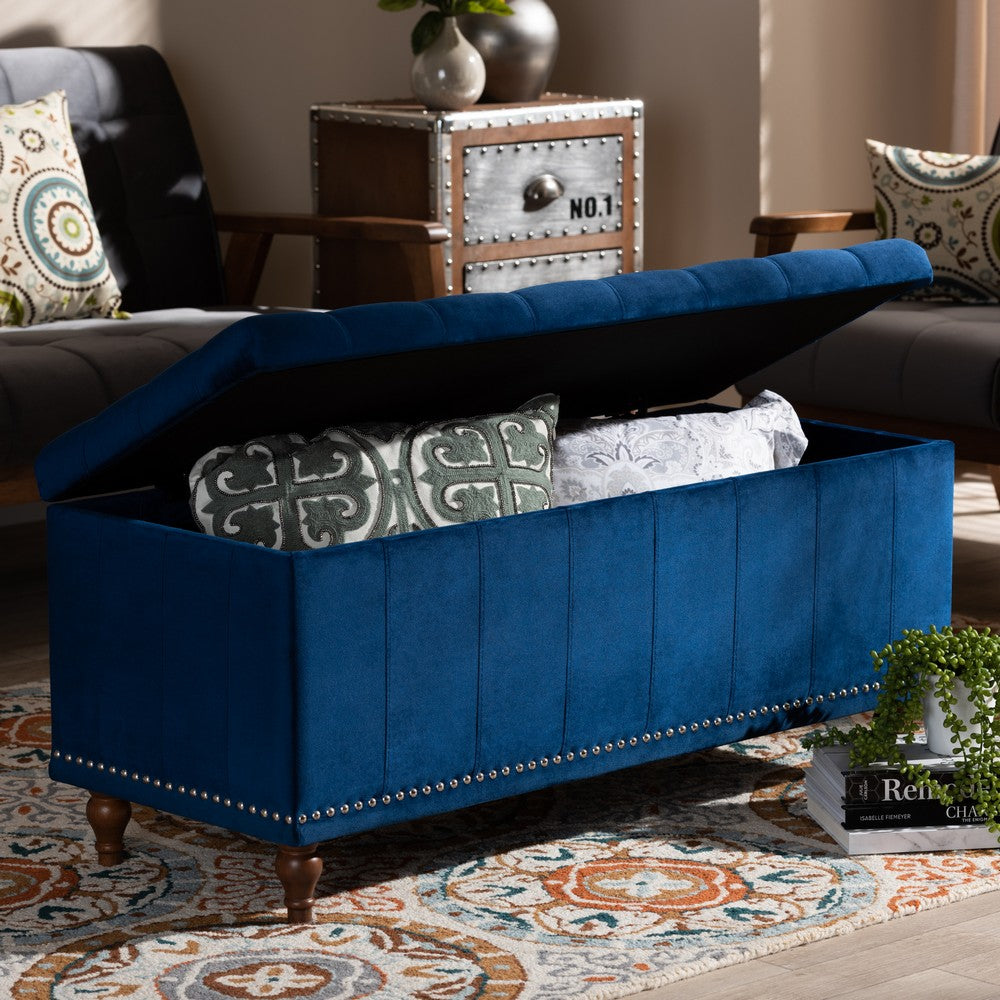 Baxton Studio - Kaylee Storage Ottoman in Navy Blue/Brown - BBT3137-Navy Velvet/Walnut-Otto view 9