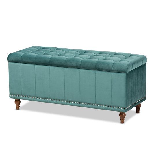 Baxton Studio - Kaylee Storage Ottoman in Teal Blue/Brown - BBT3137-Teal Velvet/Walnut-Otto view 1
