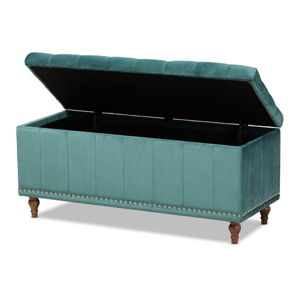 Baxton Studio - Kaylee Storage Ottoman in Teal Blue/Brown - BBT3137-Teal Velvet/Walnut-Otto view 2