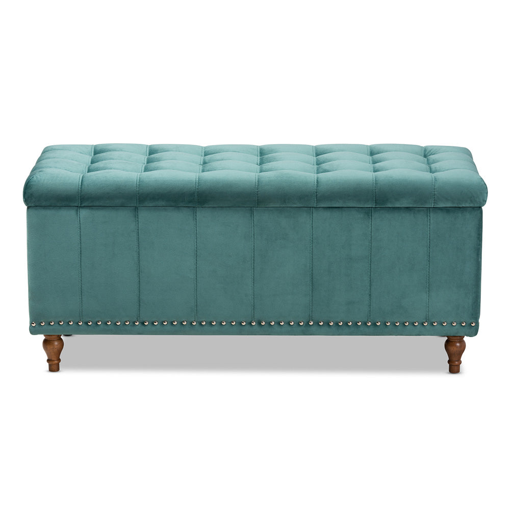 Baxton Studio - Kaylee Storage Ottoman in Teal Blue/Brown - BBT3137-Teal Velvet/Walnut-Otto view 3