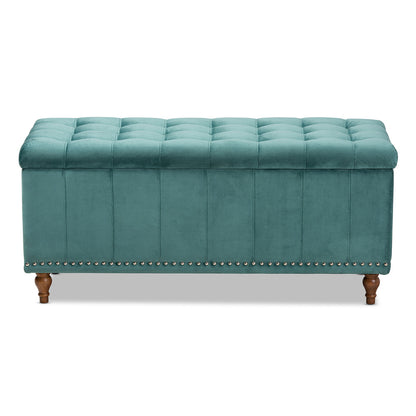 Baxton Studio - Kaylee Storage Ottoman in Teal Blue/Brown - BBT3137-Teal Velvet/Walnut-Otto view 3