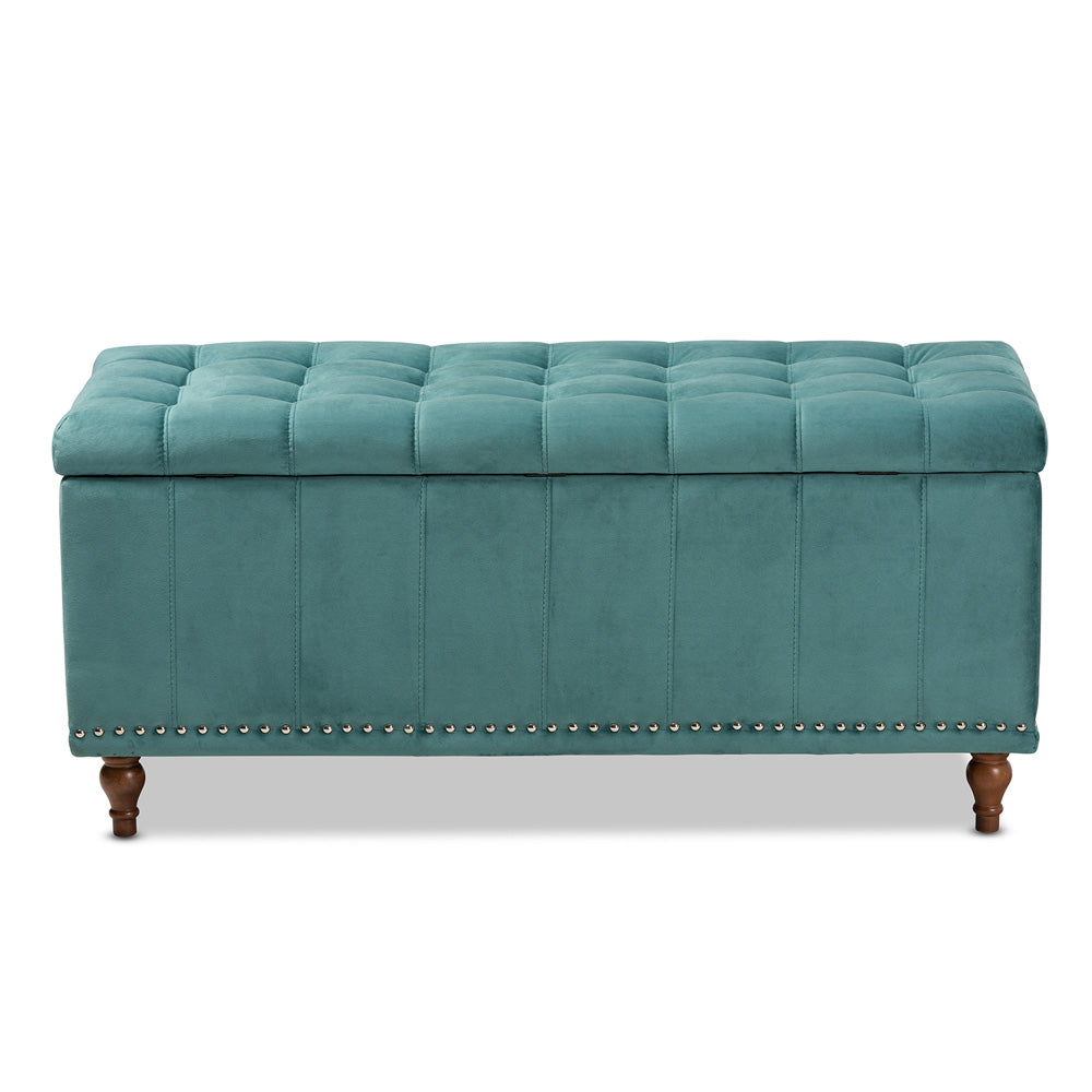 Baxton Studio - Kaylee Storage Ottoman in Teal Blue/Brown - BBT3137-Teal Velvet/Walnut-Otto view 5