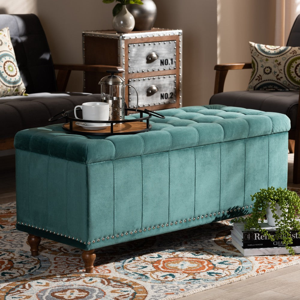Baxton Studio - Kaylee Storage Ottoman in Teal Blue/Brown - BBT3137-Teal Velvet/Walnut-Otto view 8
