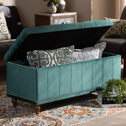 Baxton Studio - Kaylee Storage Ottoman in Teal Blue/Brown - BBT3137-Teal Velvet/Walnut-Otto view 9