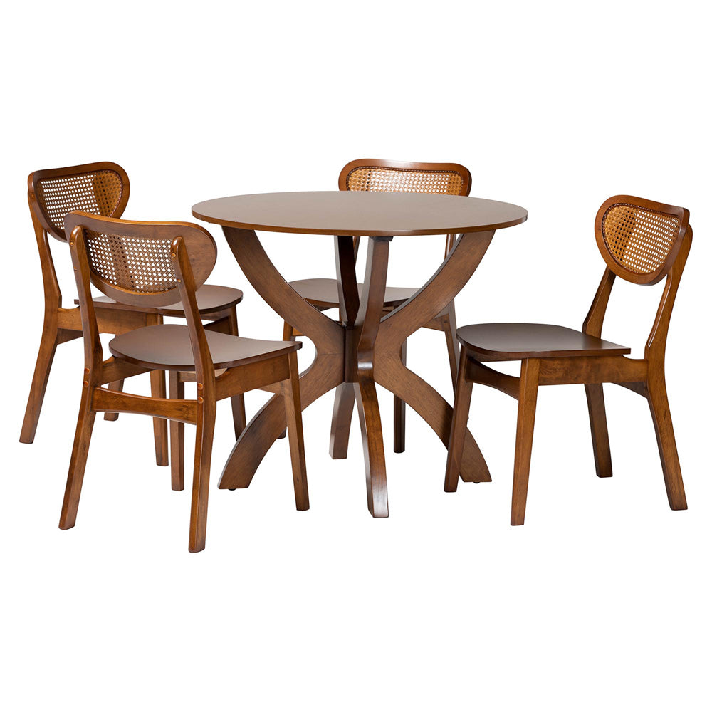 Baxton Studio - Kenna Dining Set in Brown/Walnut Brown - Kenna-Walnut Rattan-Round-5PC Dining Set view 1