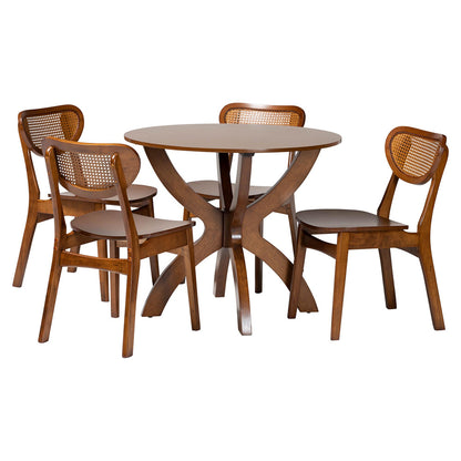 Baxton Studio - Kenna Dining Set in Brown/Walnut Brown - Kenna-Walnut Rattan-Round-5PC Dining Set view 1
